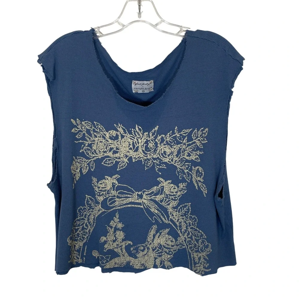 Free People x Vintage Souls RARE Blue Waffle Knit Graphic Top Distressed Size XS